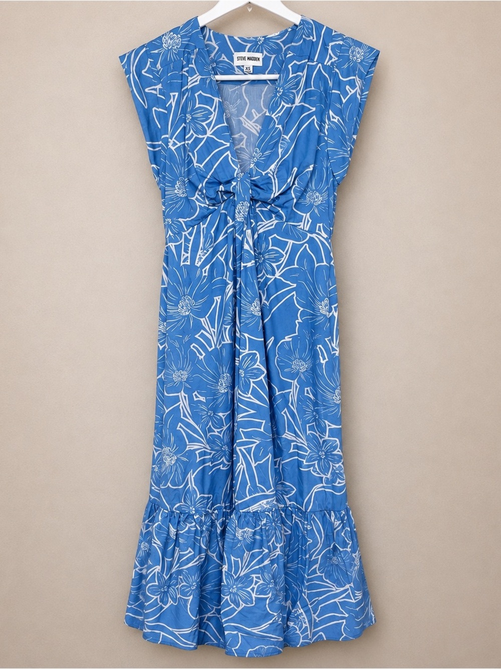 Steve Madden Blue Floral Midi Dress Twist Front Ruffle Hem XS